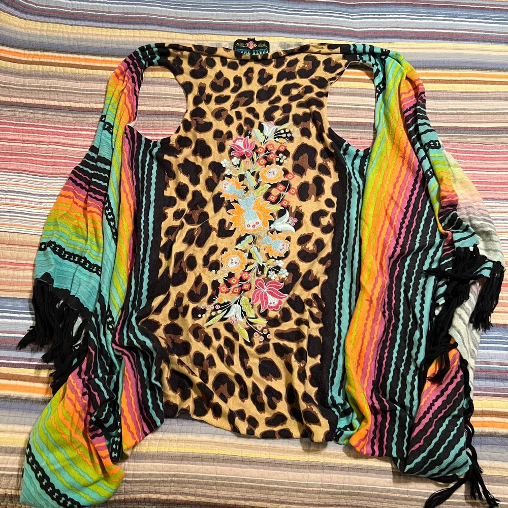 Crazy Train Leopard & Multicolor Fringe Kimono Vest